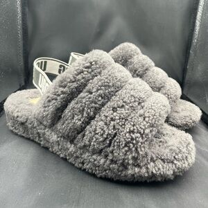 Plush Gray Shearling Slide Sandals with Branded Elastic Heel Strap